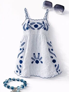 ZARA Girls Blue Embroidered Dress Set w/ Sunglasses Bracelet 8Y